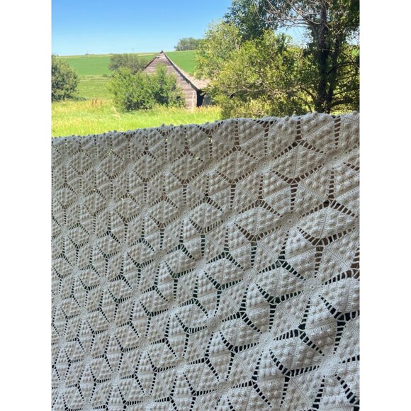 Antique 1930s Thread Cotton Crochet BedSpread star Pattern Fringe 98 x 81" - Picture 12 of 16